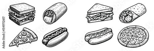 Delicious assortment of sandwiches, pizza, and hot dogs arranged on a white background for a culinary feast