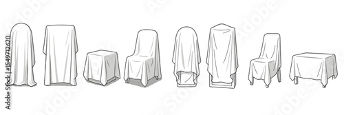 Different furniture pieces are covered with white cloths in various shapes, showcasing protection and storage methods in homes