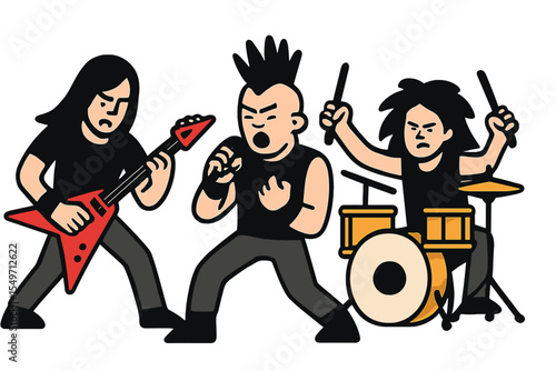 Three musicians performing an energetic rock concert with a vibrant crowd in the background at night