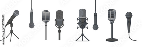 Different types of microphones displayed in a row for audio recording and broadcasting purposes