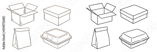 Various types of packaging boxes for food and other items displayed on a clean background
