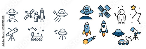 Exploring space themes with various spacecraft, astronauts, and celestial objects in a vibrant illustration