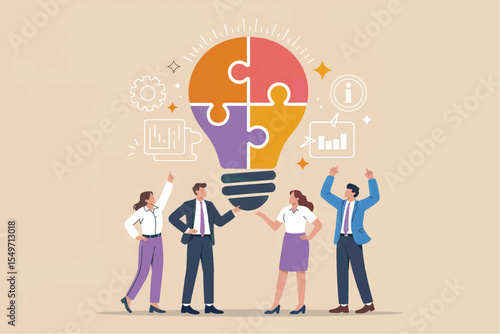 Teamwork and innovation a lightbulb puzzle with business icons isolated on transparent background