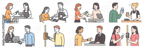 Modern payment methods used by various shoppers and service staff in everyday transactions at stores and cafes