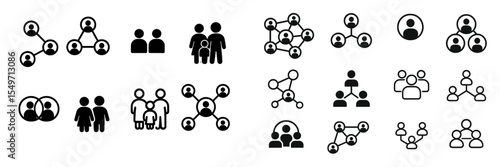 Collections of diverse community and social connection icons representing family, friendship, and networking concepts for graphic design use