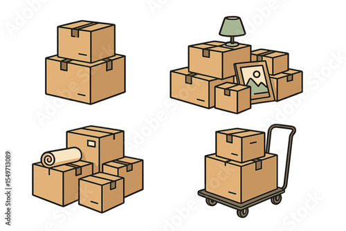 Moving day essentials with boxes, lamp, and packing supplies in a cozy setting