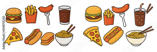 Variety of fast food items displayed on a table with burgers, fries, hot dogs, pizza, and noodles in a casual setting