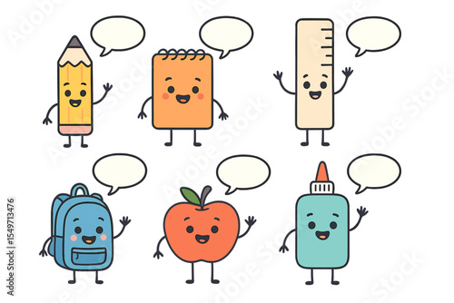 Colorful cartoon school supplies smiling and interacting in a playful classroom setting during the daytime