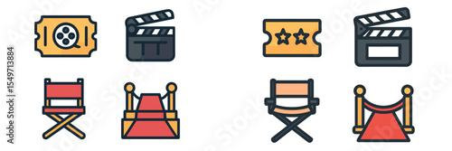 Movie production icons representing various aspects of filmmaking, including tickets, clapperboards, and director's chairs
