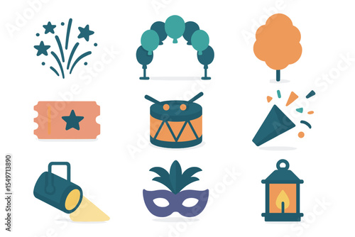 Colorful icons representing celebration and festivities with elements like fireworks, trees, and decorative masks in a vibrant design