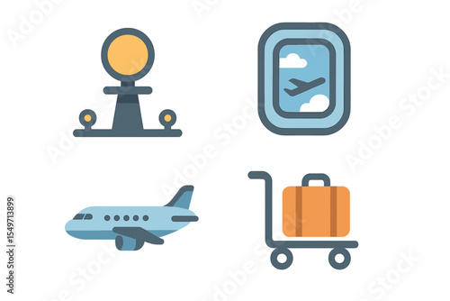Travel essentials illustrated with icons including an airplane, luggage, and view from a window