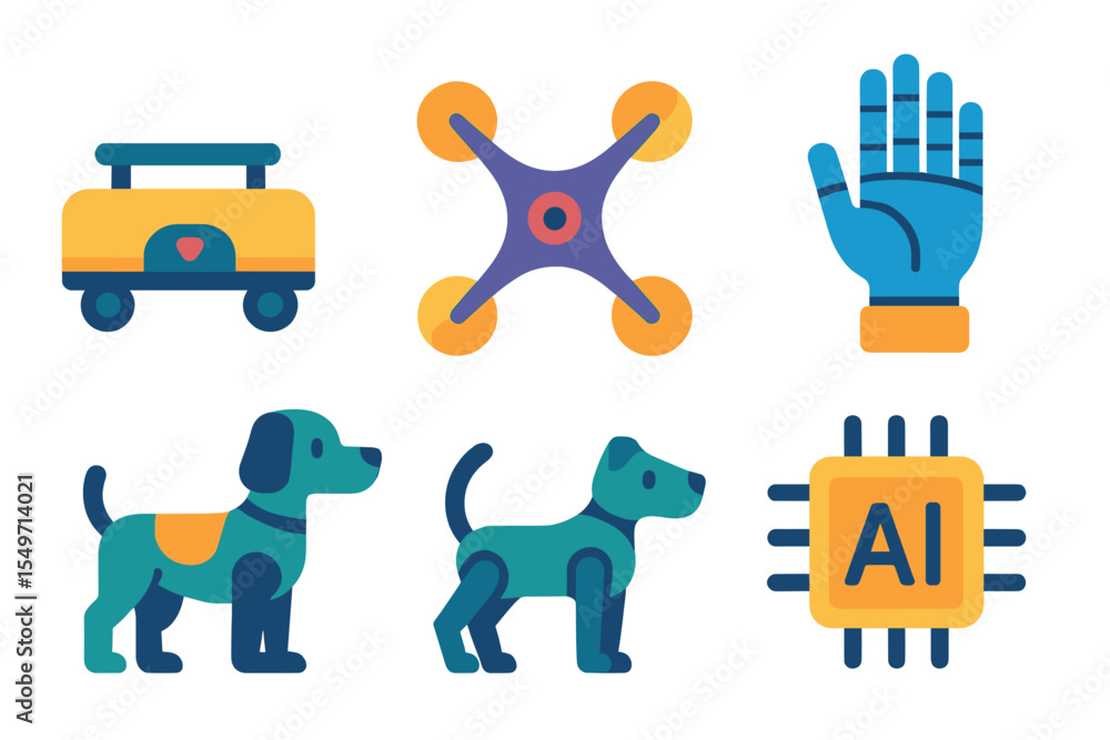 Fototapeta premium Colorful collection of illustrated technology and animals showcasing innovation and companionship in a playful design