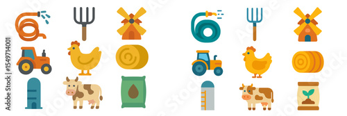 Colorful farm-themed icons featuring tractors, animals, and farming tools in a stylized layout for educational purposes
