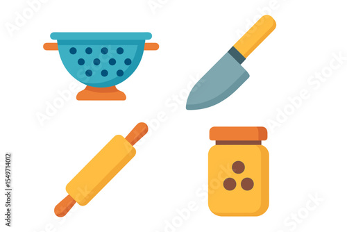 Kitchen tools include a colander, knife, rolling pin, and jar with spices, used for meal preparation and cooking activities