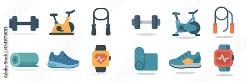 Fitness equipment collection featuring weights, bikes, and wearable tech for workouts in a gym setting