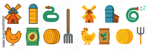 Farm icons depicting rural life and agriculture activities with various tools and animals shown together in a vibrant design
