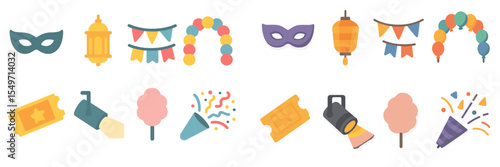 Colorful decorations, masks, and festive items create a lively atmosphere for celebration events and gatherings