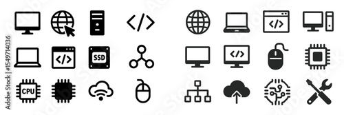 Digital technology icons and symbols used in software development and computer networking displayed on a white background