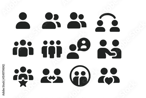 Collection of social interaction icons illustrating various relationships and communications in a modern design