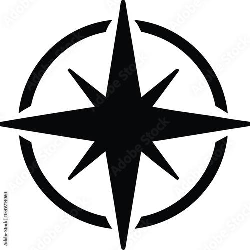 Simple Black and White Compass Rose Design with Eight Points and a Circular Border Element