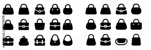 Collection of minimalist handbag silhouettes arranged in various styles and shapes on a plain background