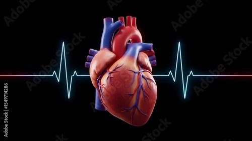 Rotating 3D medical animation of human heart pumping with ECG line on blue background