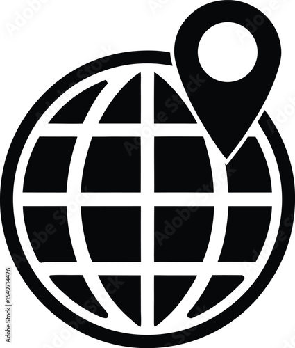 Black and White Globe with Location Pin Icon for Travel Tourism and Navigation