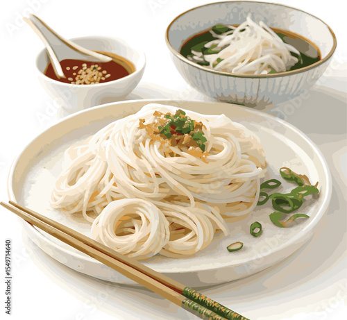 Delicious gourmet Italian pasta and noodles with shrimp or chicken, a healthy meal or dinner plate