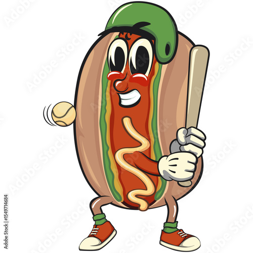 cute hot dog mascot cartoon vector illustration wear a helmet playing baseball, funny fast food character isolated on transparent background, work of hand drawn