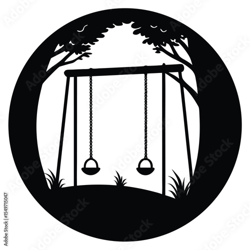 Silhouette of a swing set with two empty swings under trees in a circle