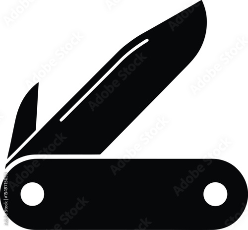 Simple Black and White Icon of a Folding Pocket Knife with Sharp Blade Open