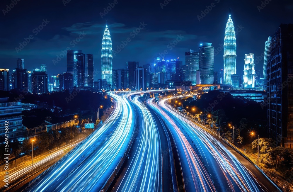 Fototapeta premium Night cityscape with illuminated highway. Modern skyscrapers and a busy highway are featured at night, showcasing vibrant light trails