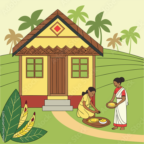 house in the garden Rural Indian scene depicting village life and women preparing food in a yard.