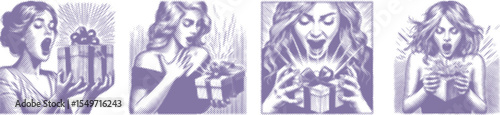 Vector bundle of woman opening surprise gift in halftone stipple dotted effect, purple color pop art style, gasp of excitement expression, retro comic illustration set