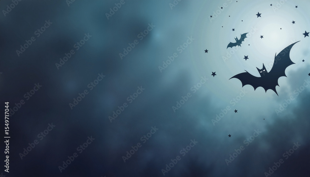 Fototapeta premium Flying bats with stars on blue gradient background, with space for text