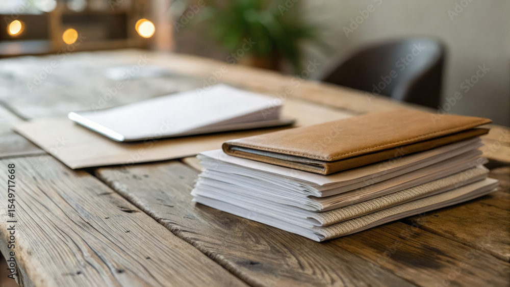 Naklejka premium Stack of documents and leather notebook on rustic wooden table in cozy workspace with blurred background