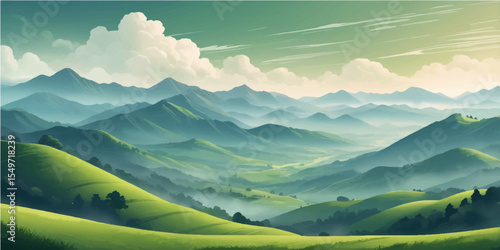 Green mountainous landscape with summer sky and clouds