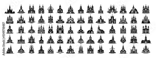 black vector church icons set – minimal outline christian buildings