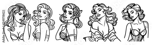 vintage female portraits in tattoo outline style – retro pin-up vector art