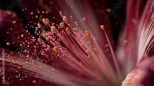 Pollen grains clustered on flower anther with softly blurred bloom