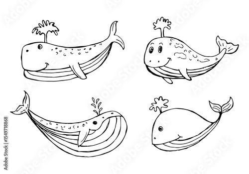 Whale outlines a cartoon with cheerful expressions and spouting water.