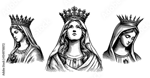 holy virgin mary portraits in engraving style – religious vector illustrations