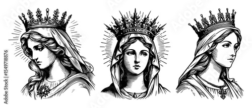 virgin mary crowned portraits – sacred christian engraving vector set