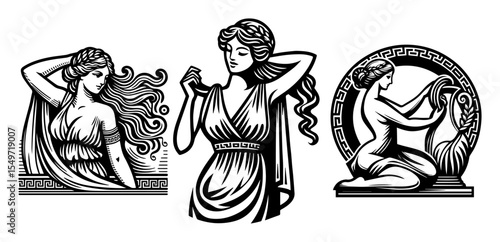 greek goddess vector portraits – ancient woman illustrations in engraving style