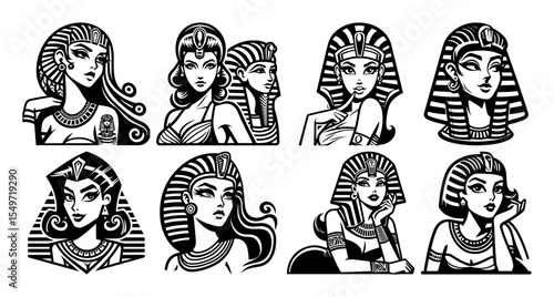 vector portraits of egyptian women – ancient pharaoh queens illustration set