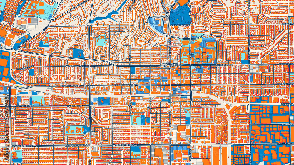 Obraz premium Colorful Fullerton Street Map with Labels and Buildings
