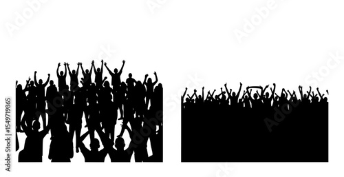 Two groups of cheering crowd silhouettes with raised arms.
