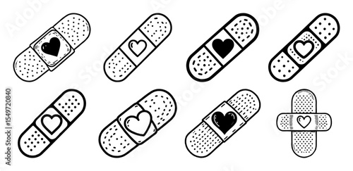 heart bandage vector icons – cute medical plaster illustrations