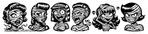 funny cartoon mummy girls – halloween character vector illustrations