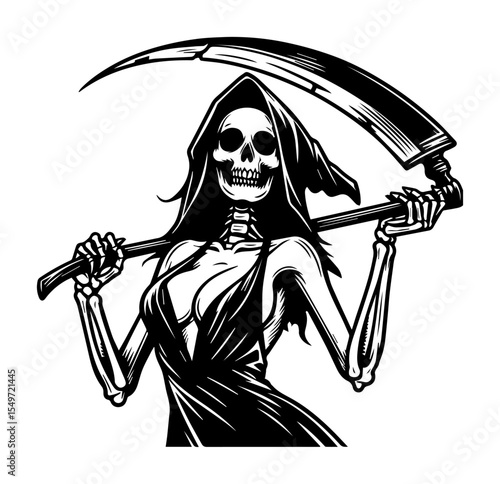 female grim reaper illustration – skeleton death woman with scythe